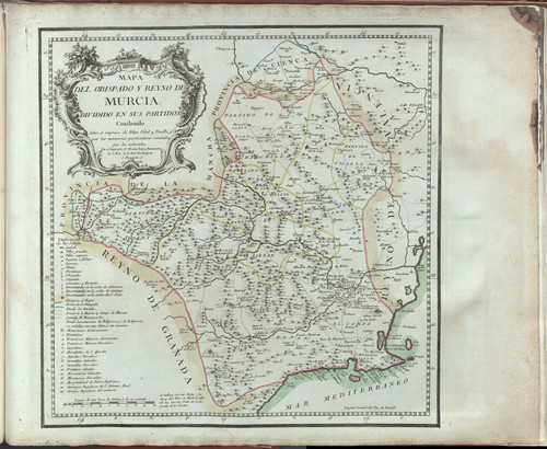Mapa Obispado y Reyno de Murcia : dividido en sus partidos : construido sobre el impreso de Felipe Vidal y Pinilla, y por las memorias particulares remitidas por los naturales