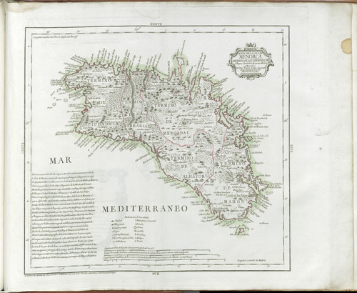 Mapa de la Isla de Menorca : dividido en los terminos de Alhayor, Ciudadela, Ferrarias, Mahon y Mercadal