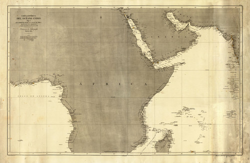 Carta esférica del océano indio : hoja I. que comprende desde las costas de África hasta las islas Maldivas, y desde el paralelo de 20º S. al de 31º N.
