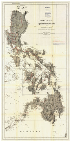 Progress map of signal corps telegraph lines & cables in the military division of the Philippines : based on map of Montero y Gay, issued by the Military Information Bureau, adjutant general's office