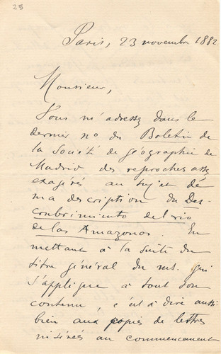 Carta anónima en la que se comenta a Marcos Jiménez de la Espada una obra de Gaspar de Carvajal.